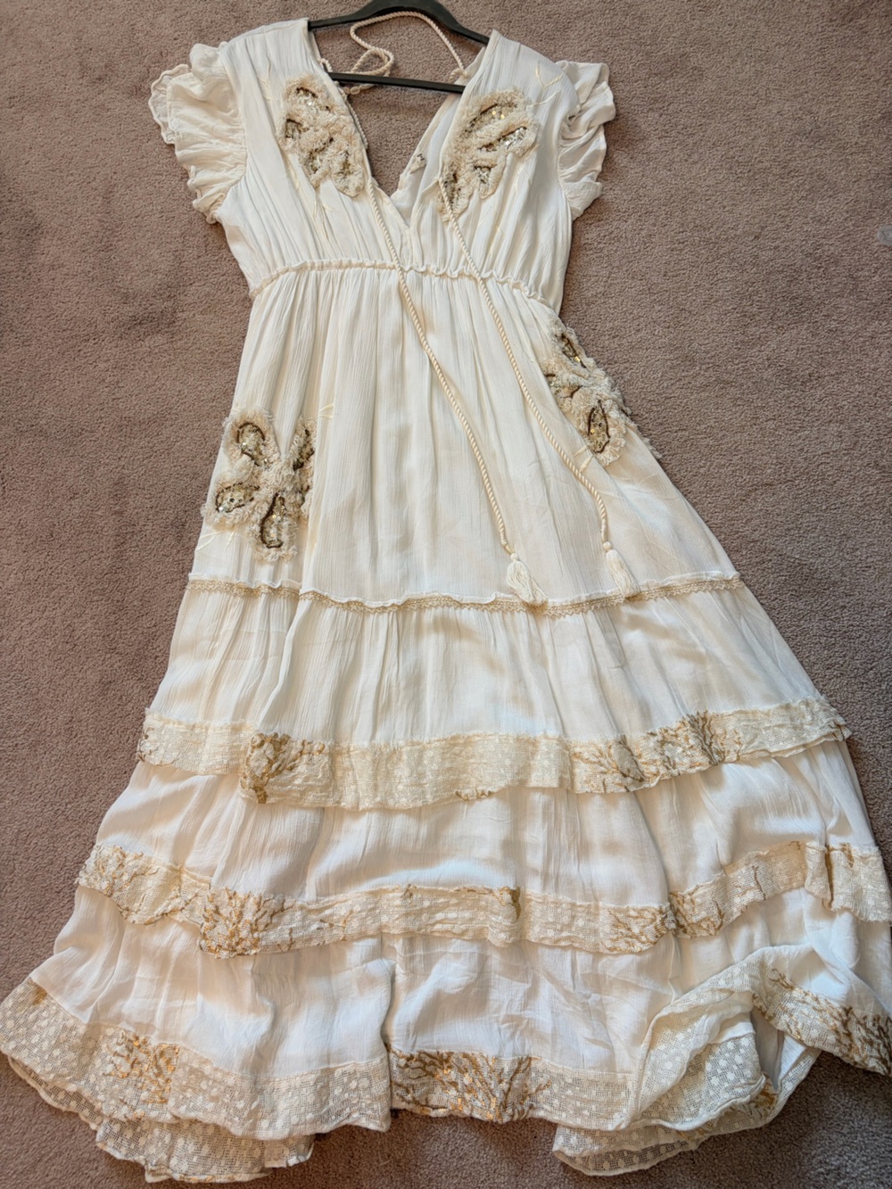 POL Cream Beaded Fringe Dress with Sequin Detail